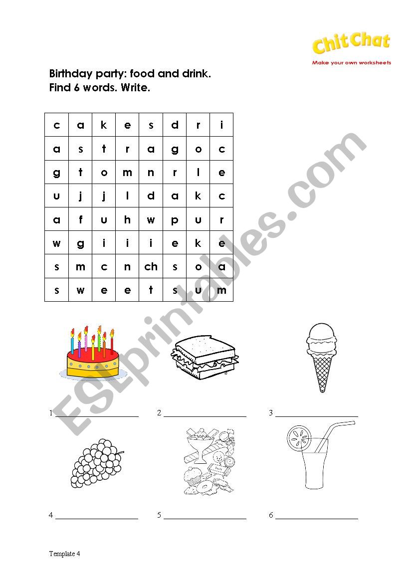 Birthday food and drink worksheet
