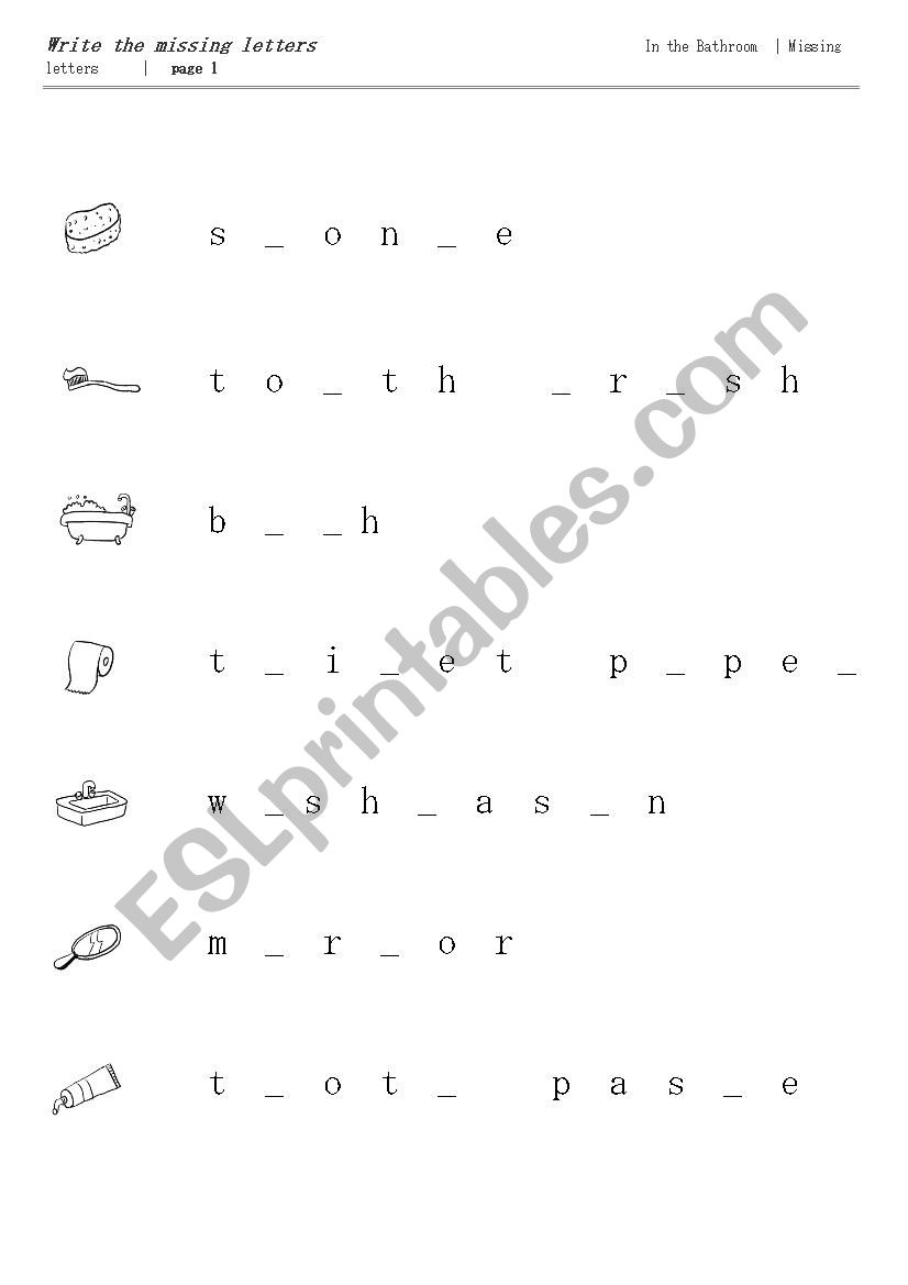 In the Bathroom Missing words worksheet