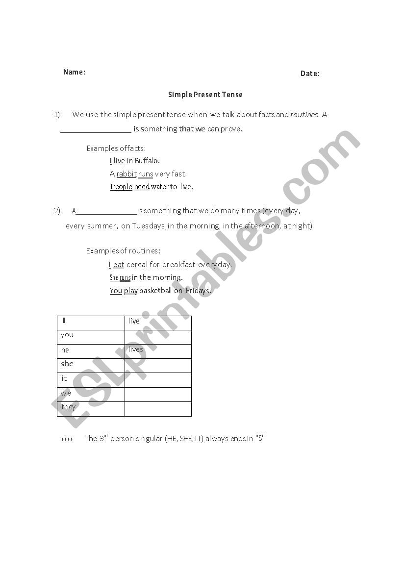 Simple Present Tense Handout and Homework