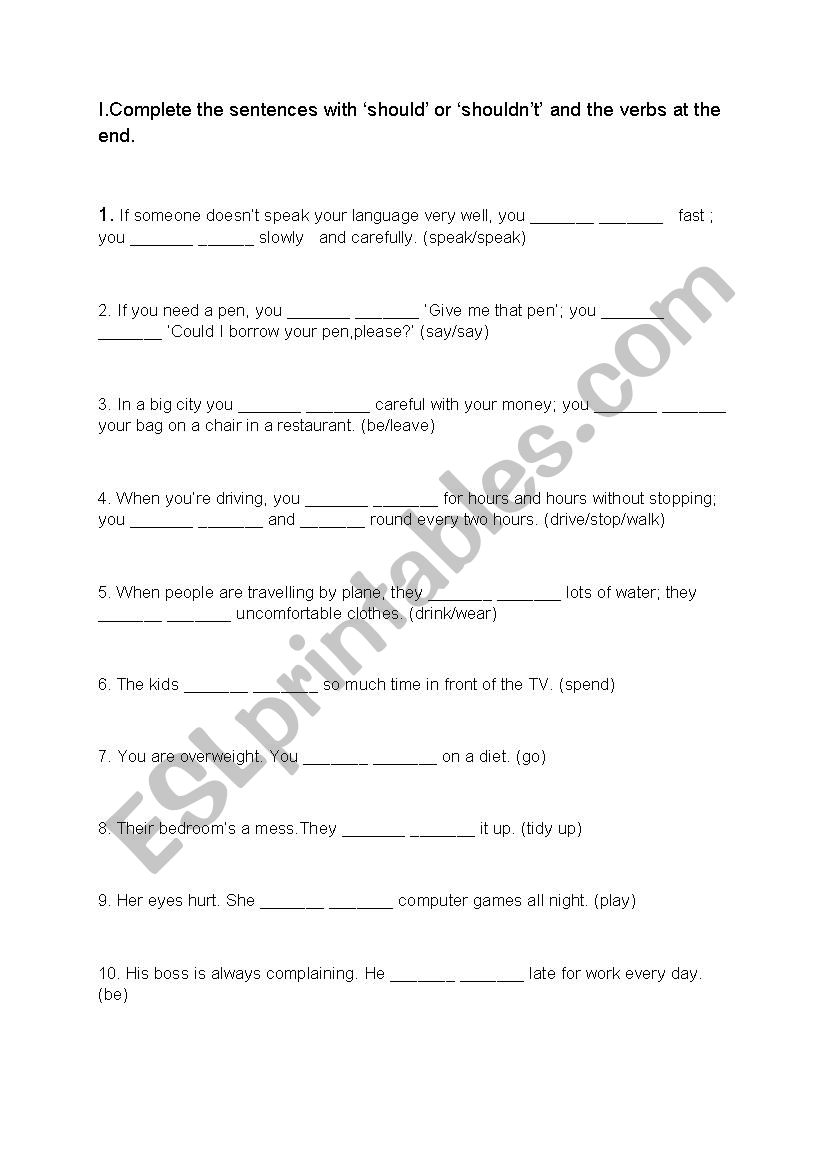 Should/Shouldnt Activity worksheet