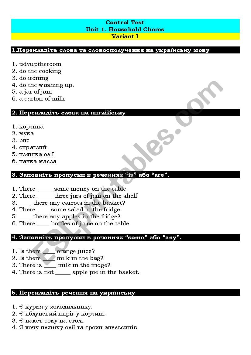 Control Test . Household Chores