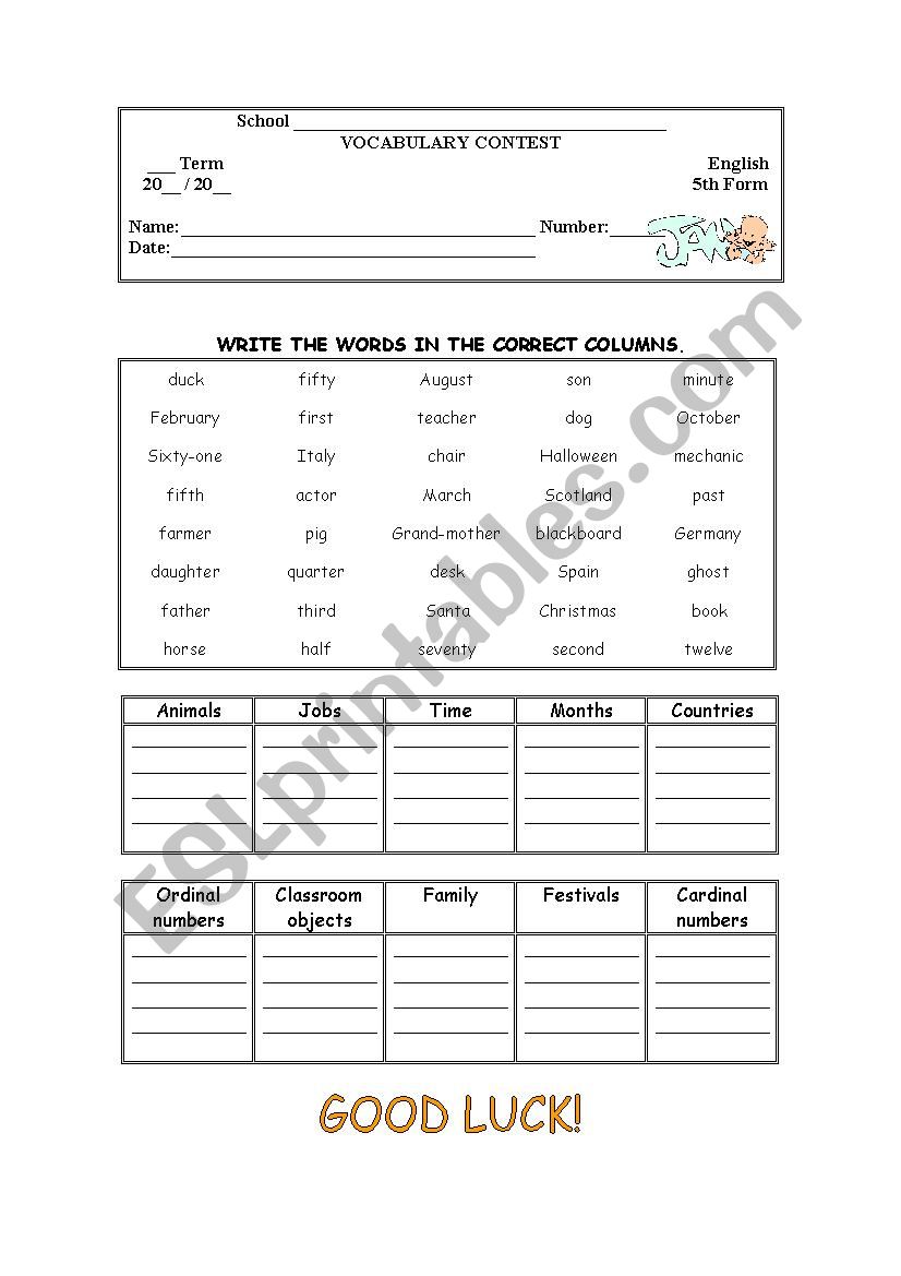Vocabulary Contest - January worksheet
