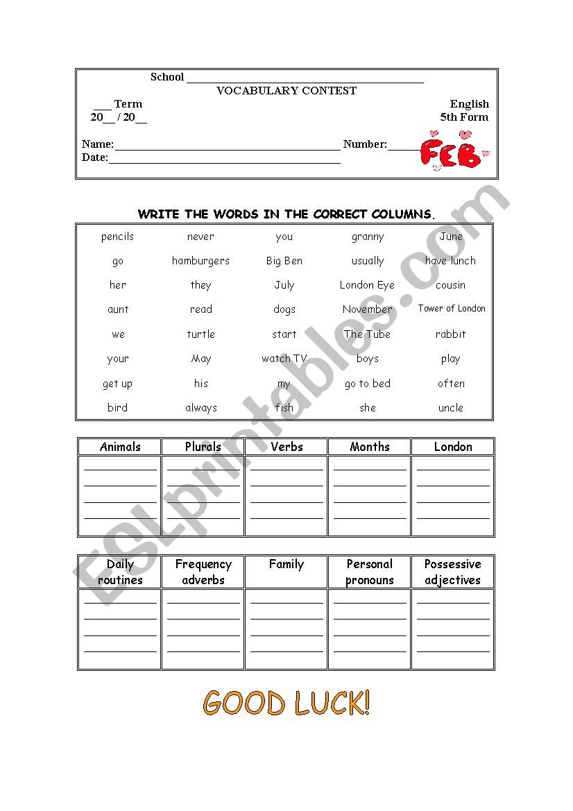 VOCABULARY CONTEST - February worksheet