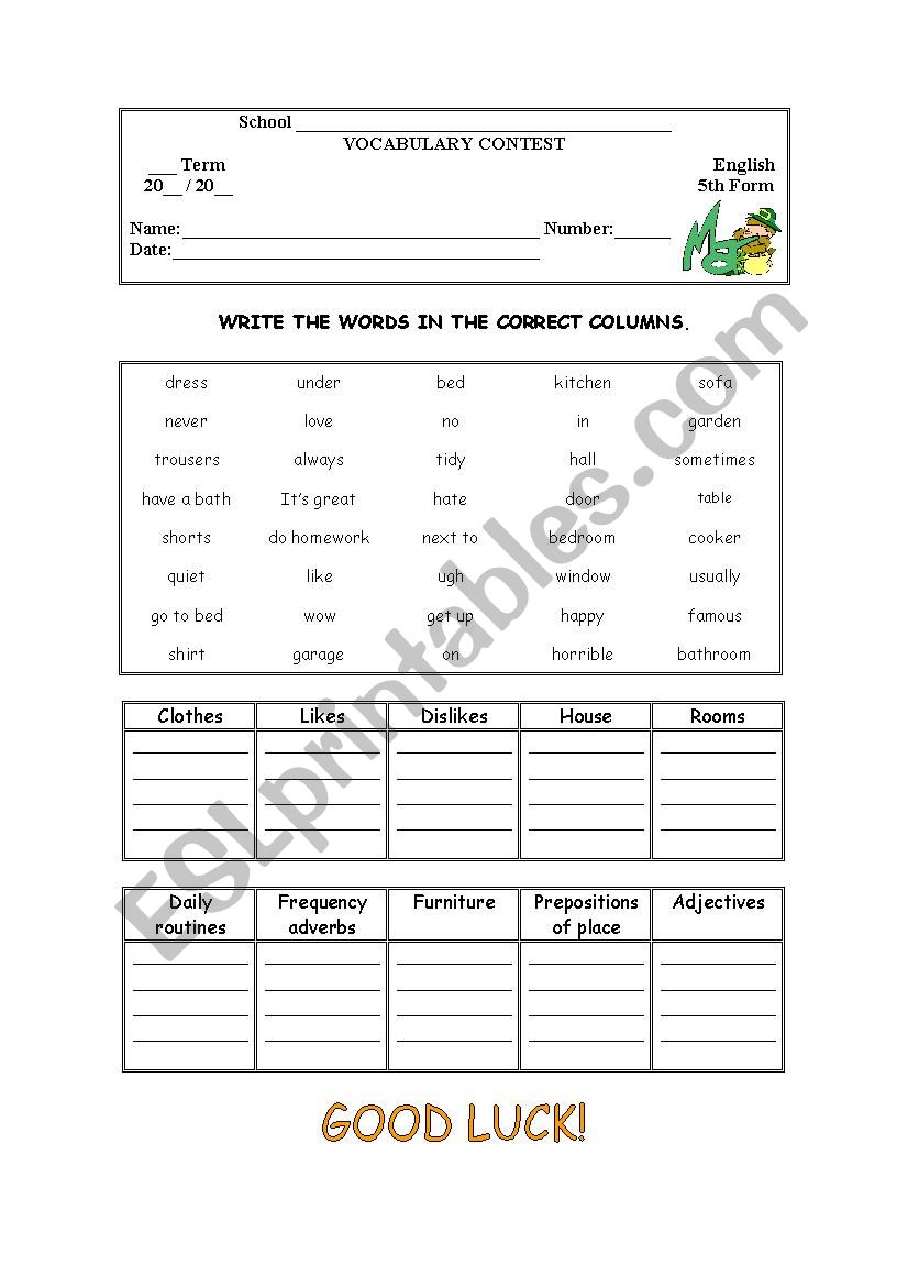VOCABULARY CONTEST - March worksheet