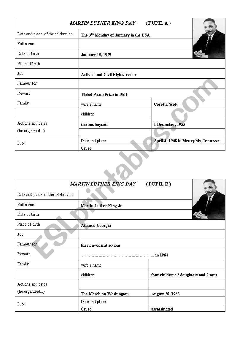 Martin Luther King Day worksheet