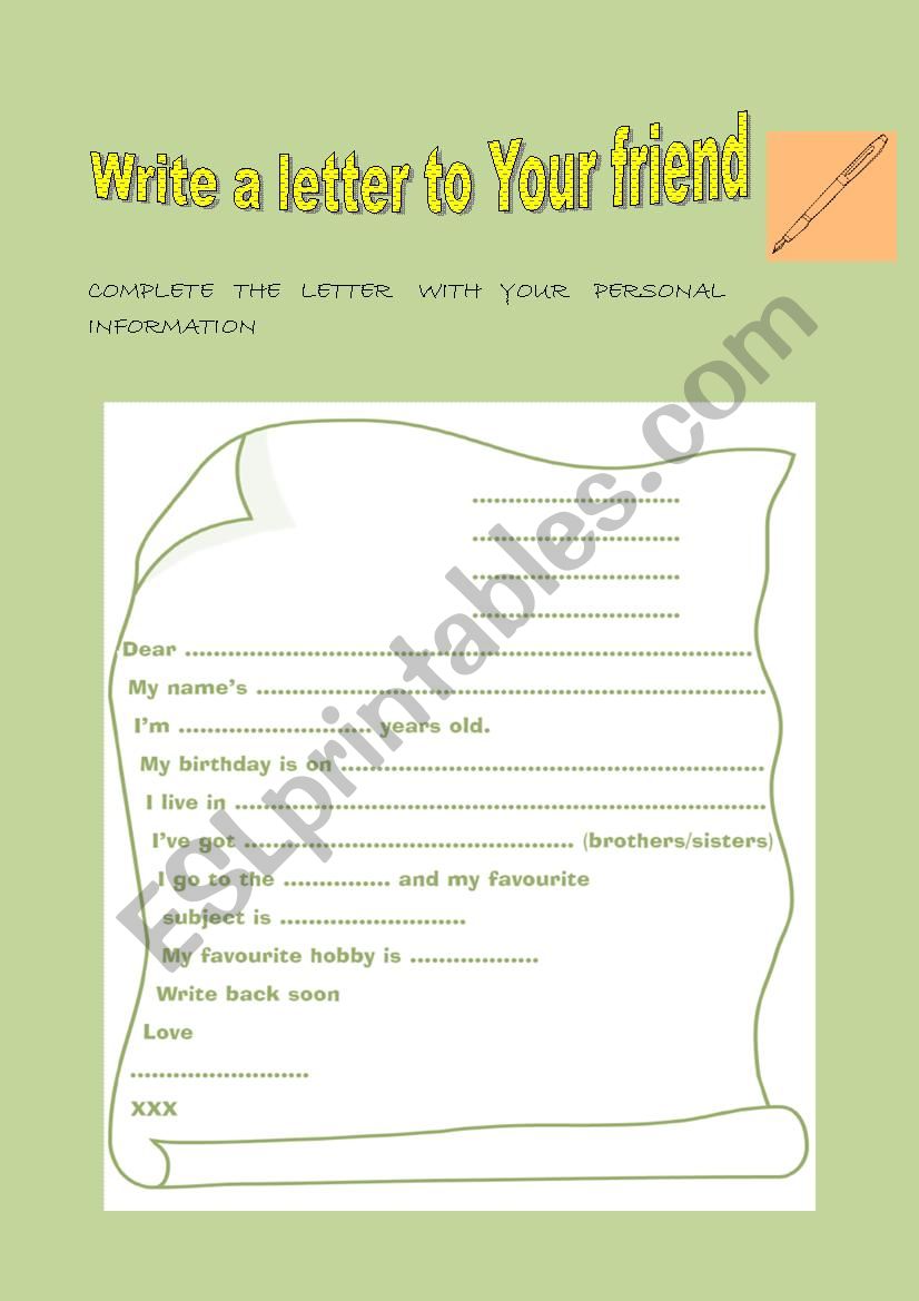 Write a letter to your friend - ESL worksheet by musicangela