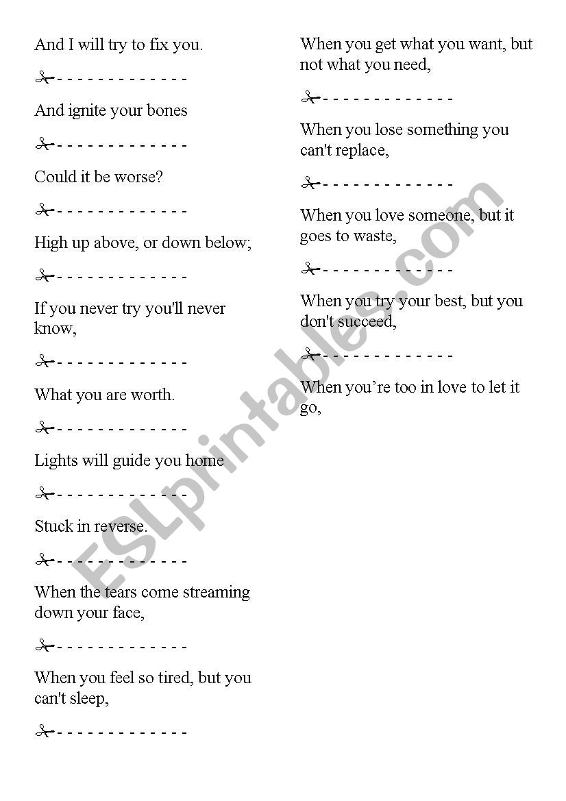 COLDPLAY Fix You worksheet