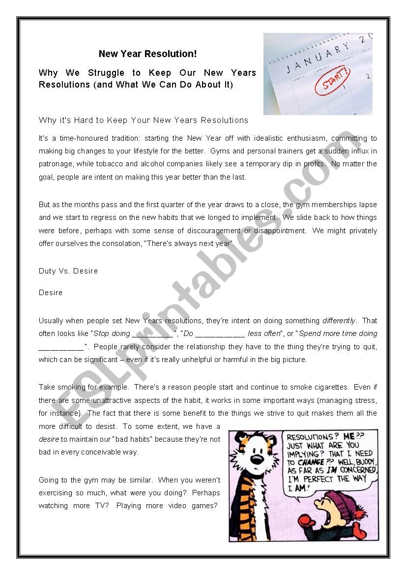 New Year Resolution worksheet