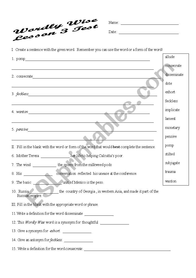 General vocabulary worksheet