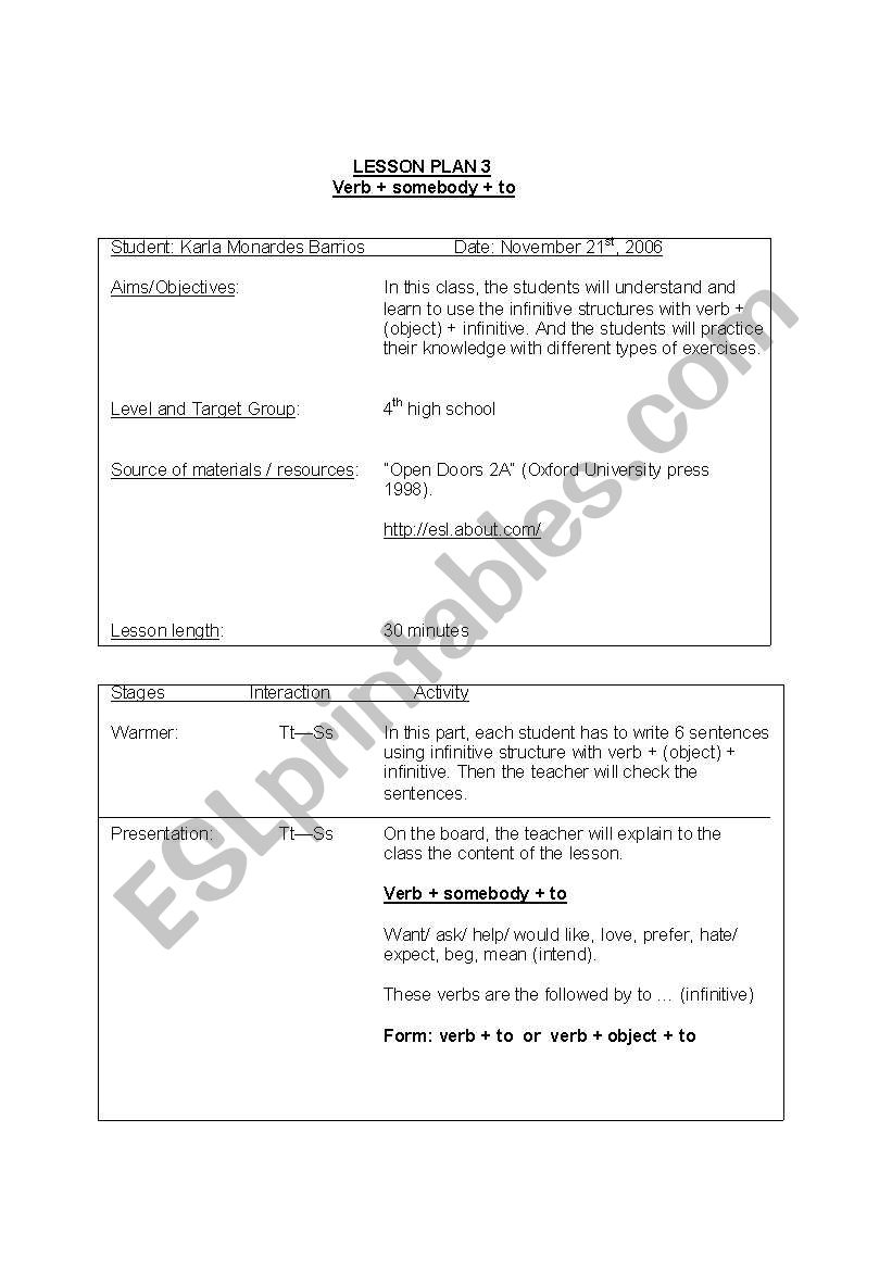 infinitive structure  worksheet