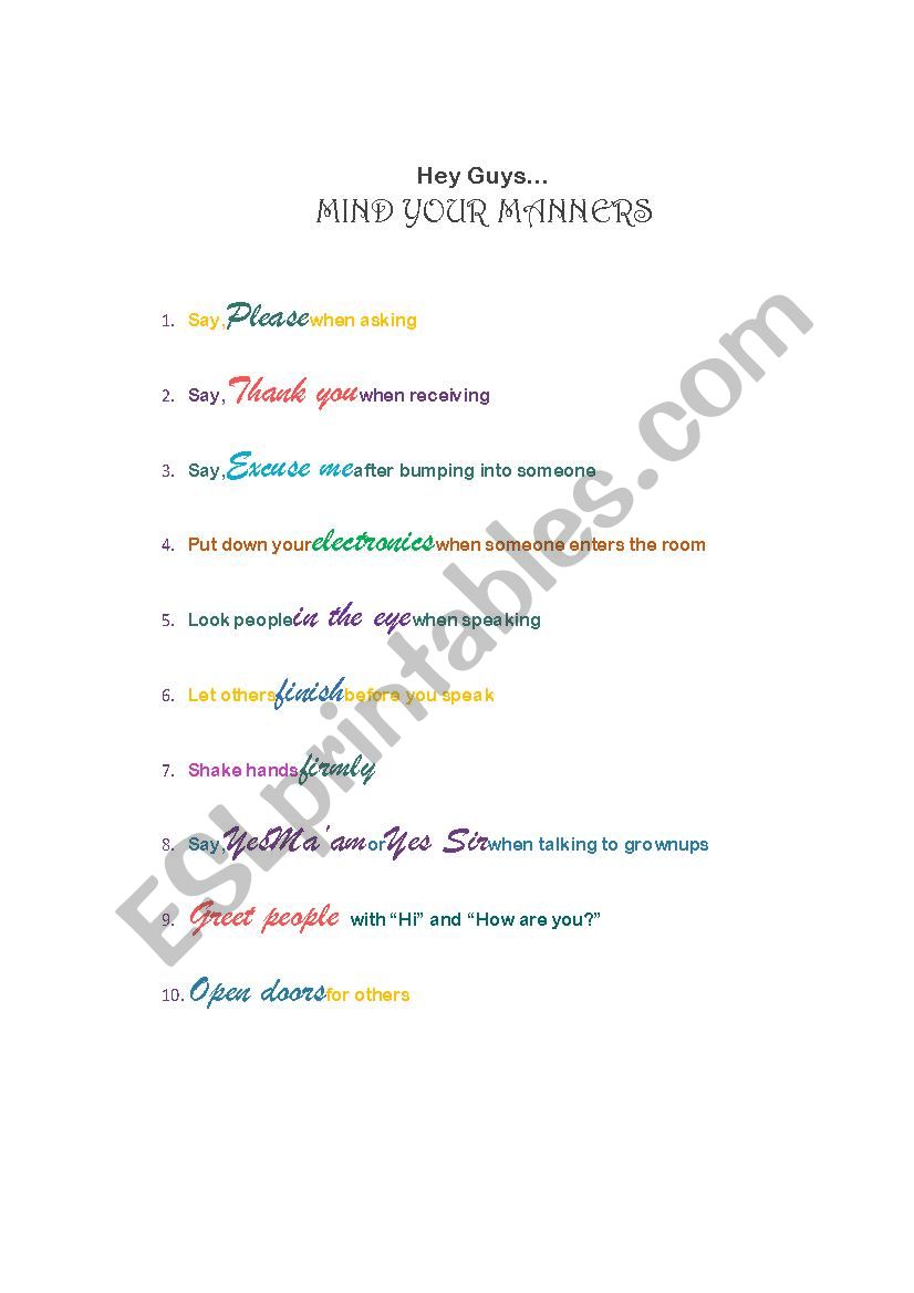 mind your manners worksheet