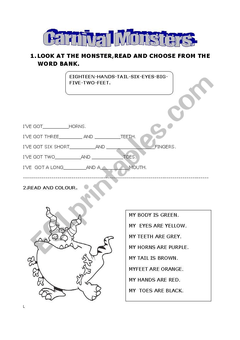 carnival monsters worksheet