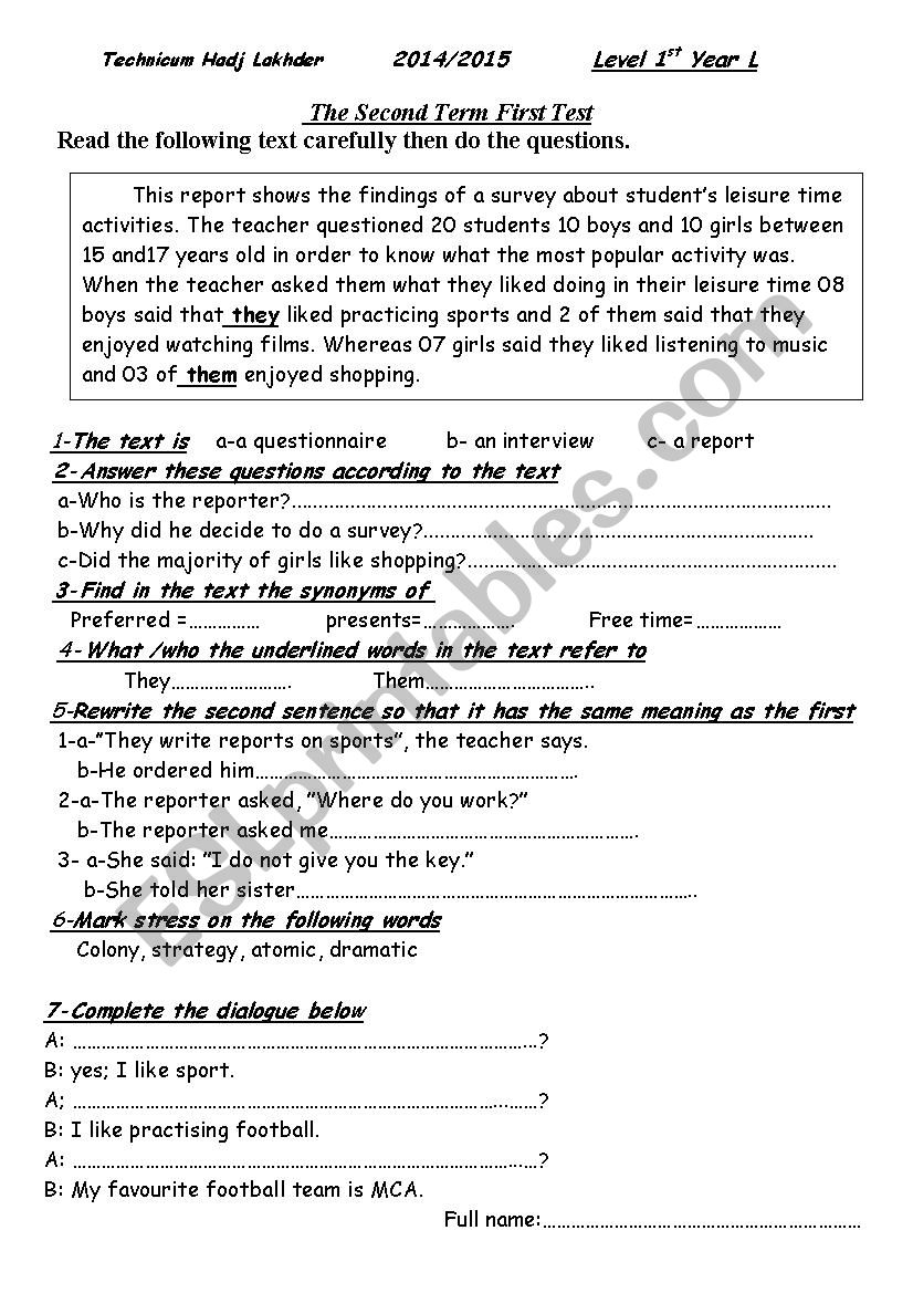 test worksheet