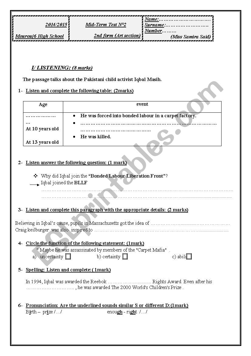 2nd formers mid f term test 2 worksheet