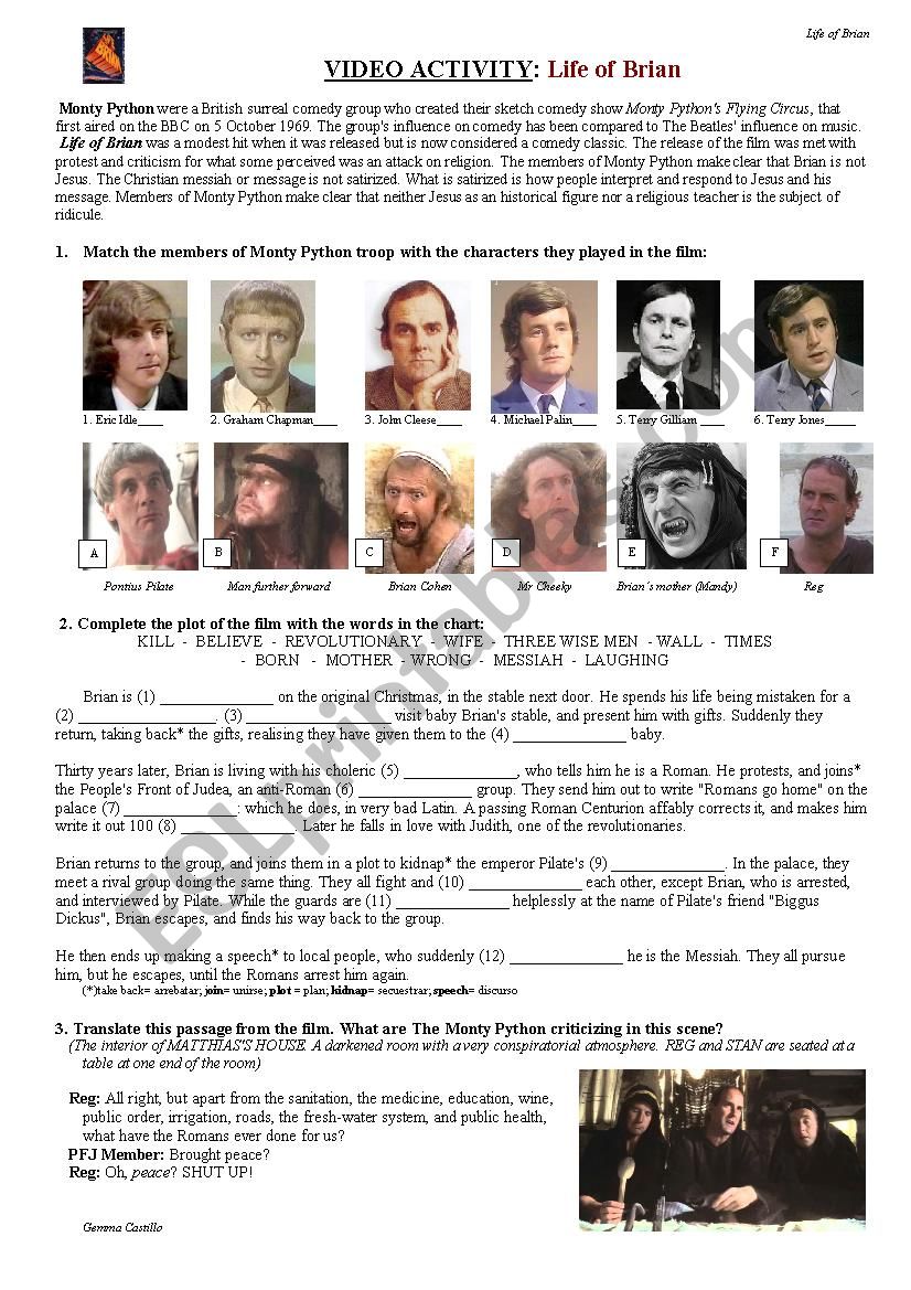 LIFE OF BRIAN (Monty Python) worksheet
