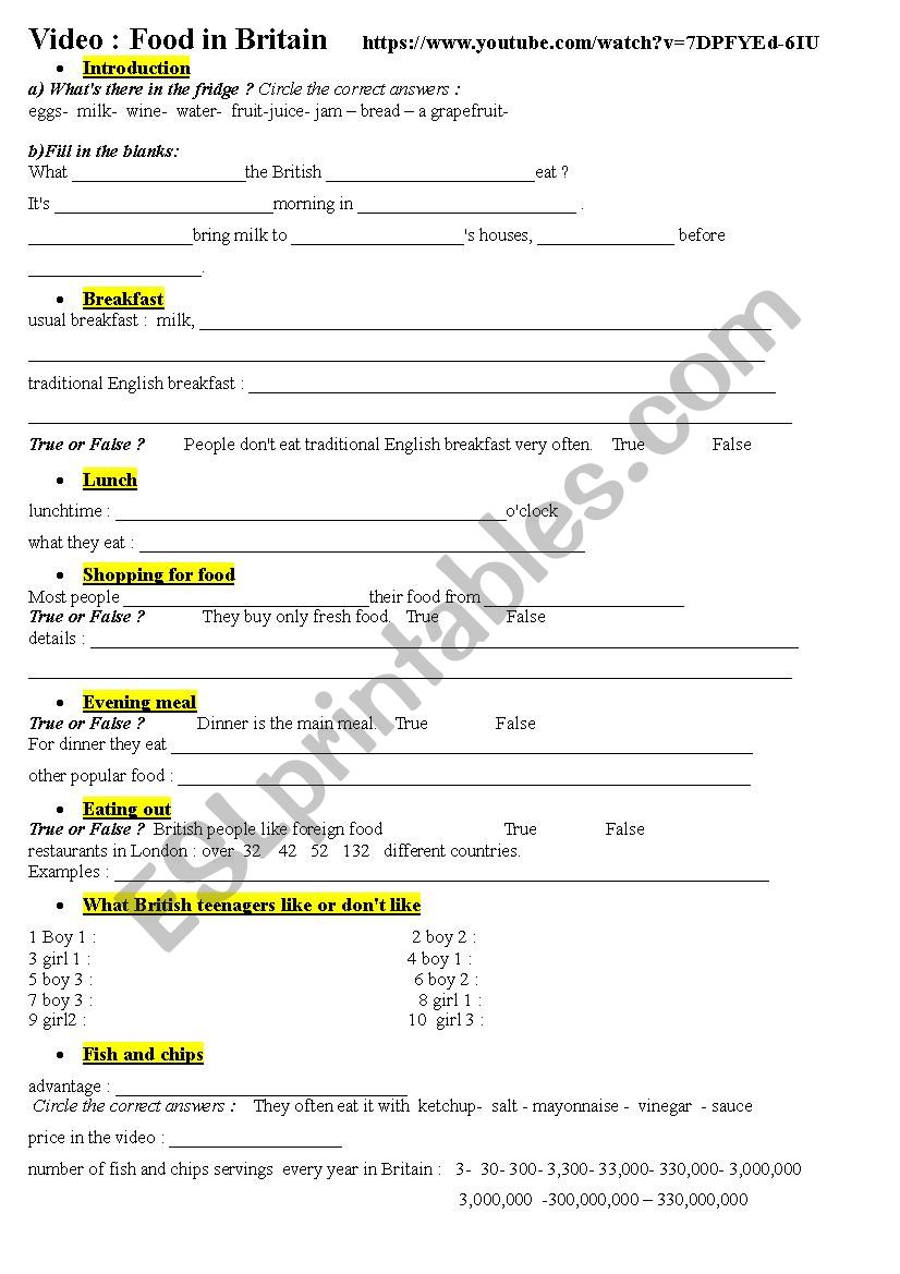 Food in Britain- ESL video  worksheet
