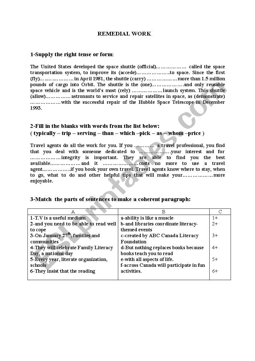 remedial work 4th forms worksheet