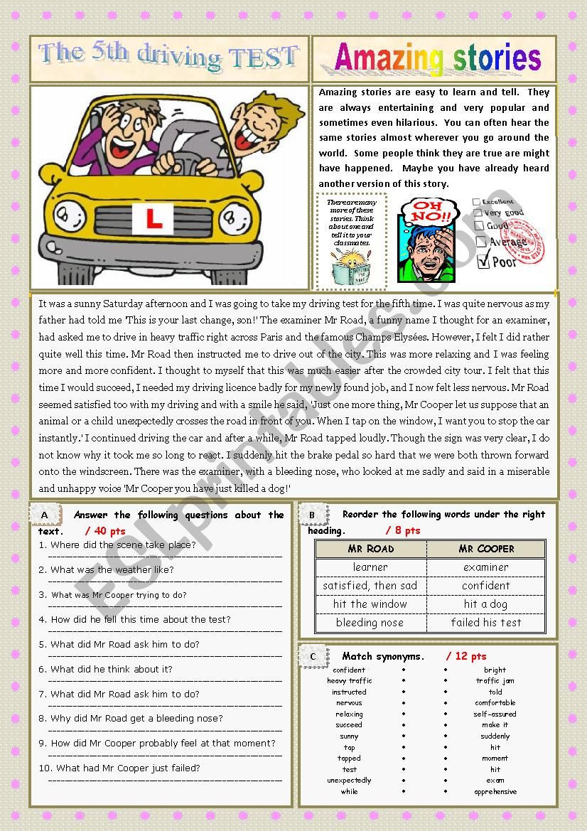 AMAZING STORIES The driving TEST ! (Easy Reader + Voca and Ex + KEY)  9/â€¦