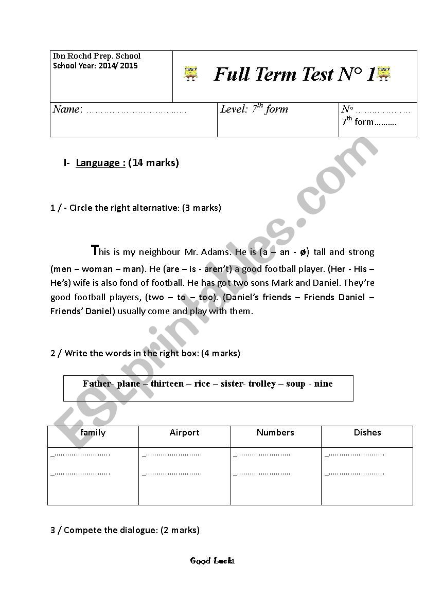 full term test 1 7th form worksheet