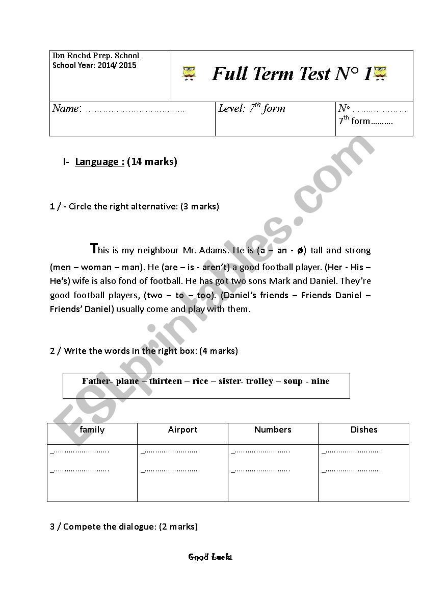 full term test 1 7th form worksheet