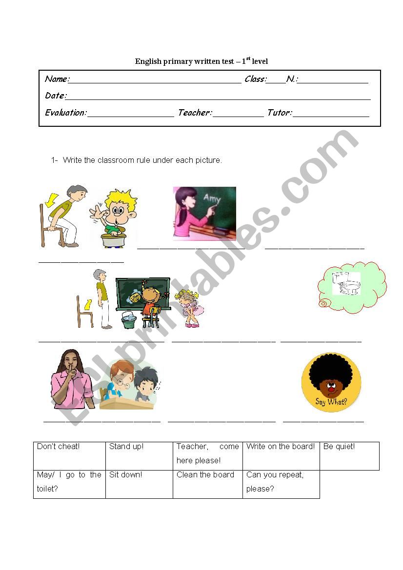 1st primary school test worksheet