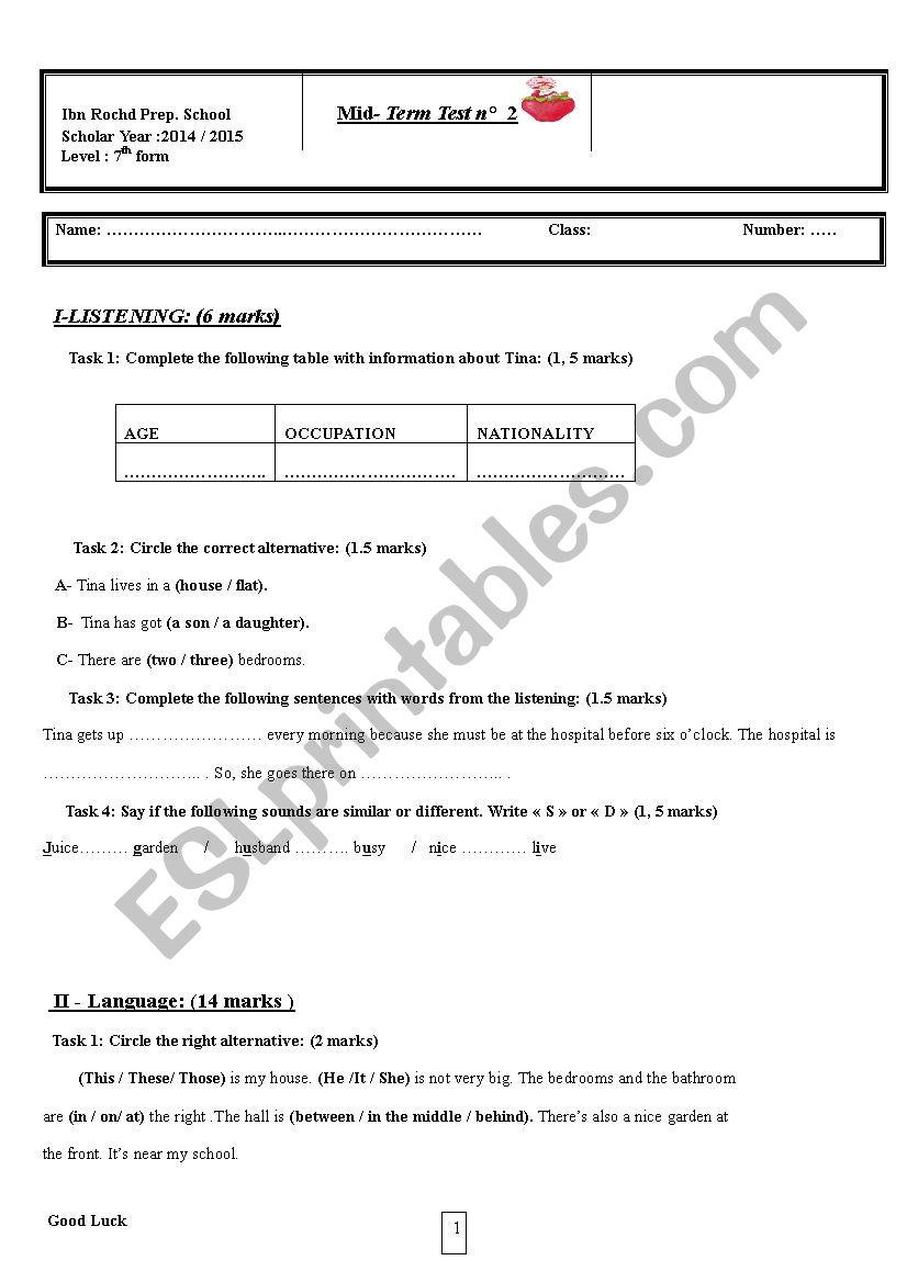 mid term test  7th form worksheet