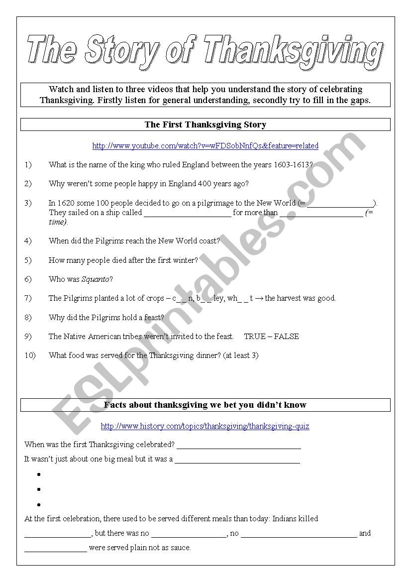 The Story of Thanksgiving worksheet