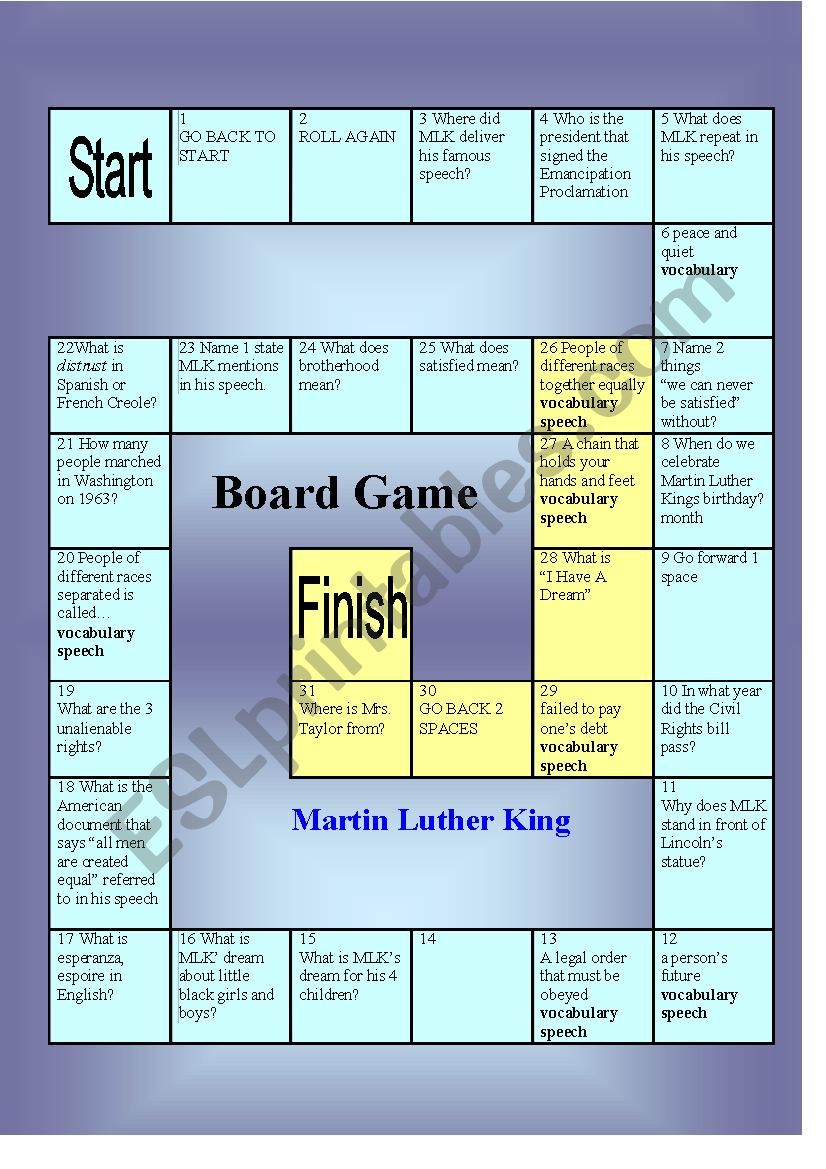 Martin Luther King gameboard worksheet