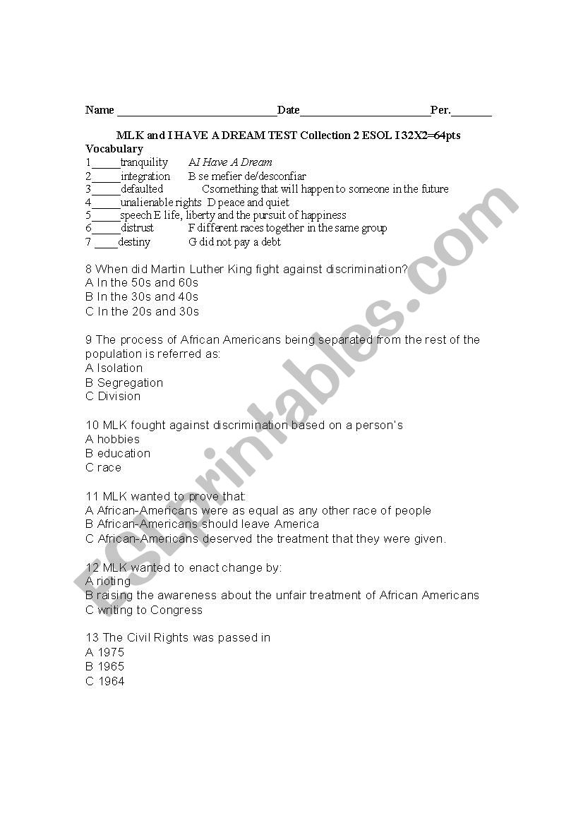 Martin Luther King Test worksheet