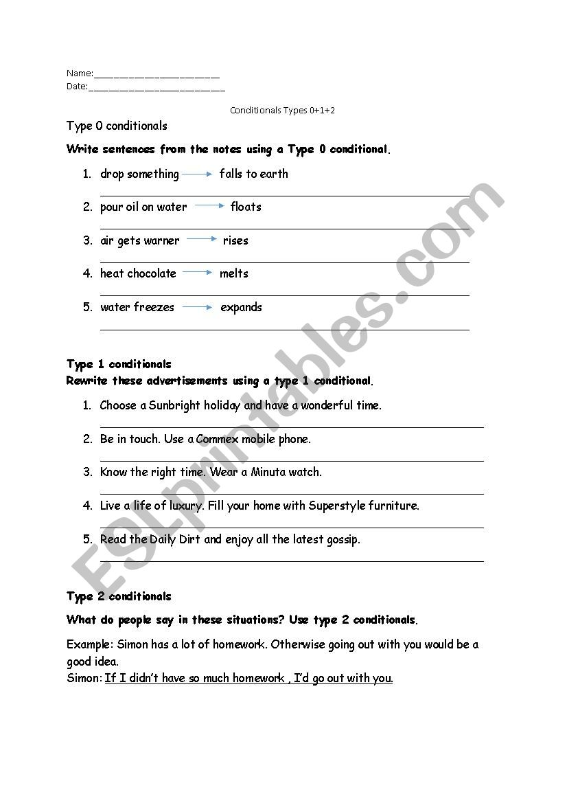 conditionals 0+1+2 worksheet