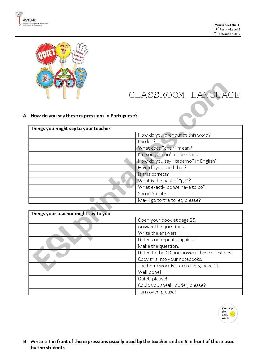 Classroom Language worksheet