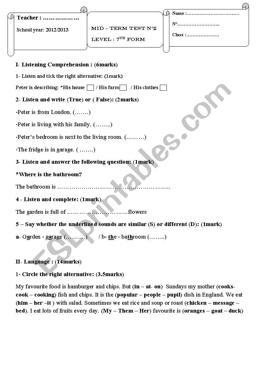 mid term test N2 7th form Tunisia