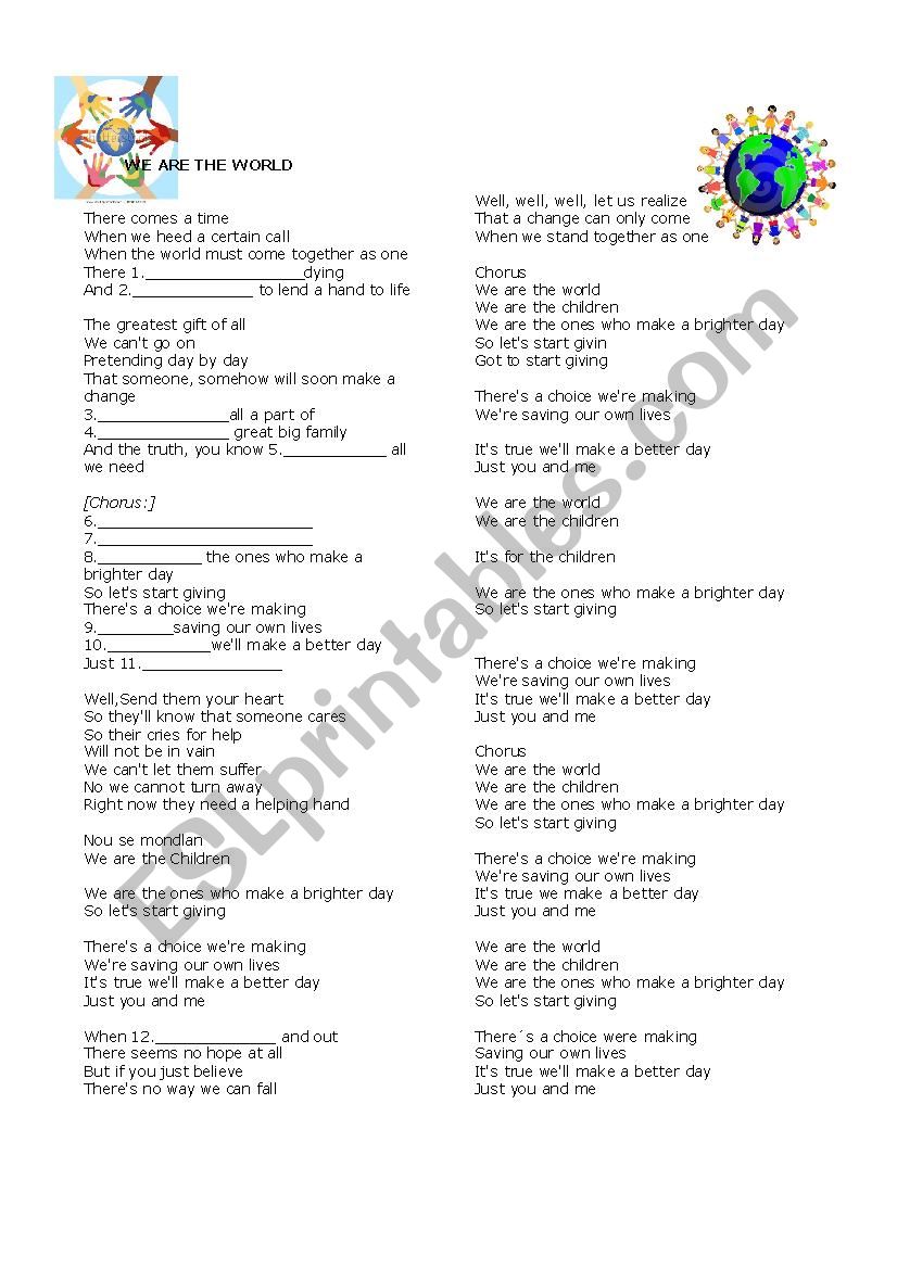 Song we are the world worksheet