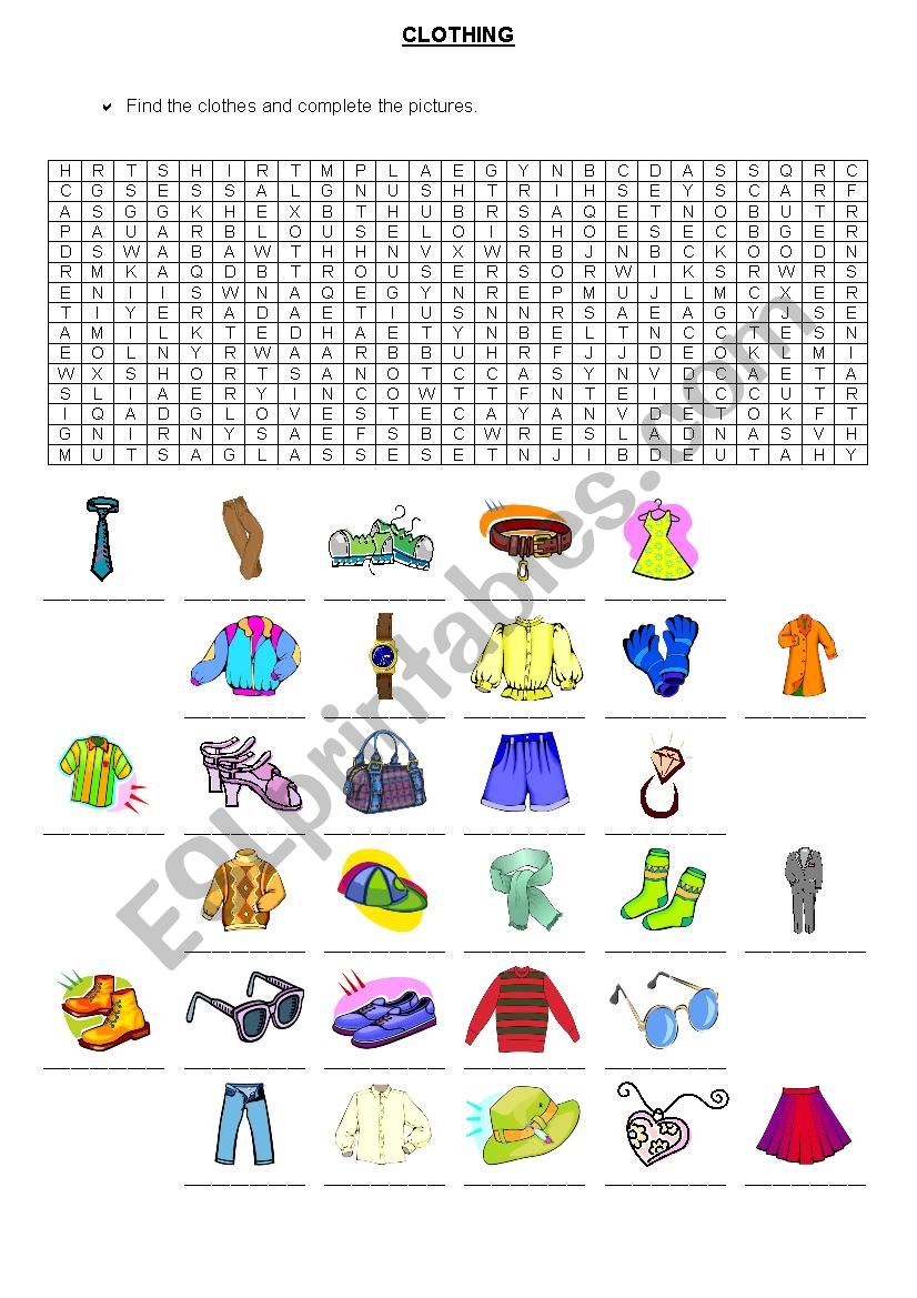 Clothing Wordsearch worksheet