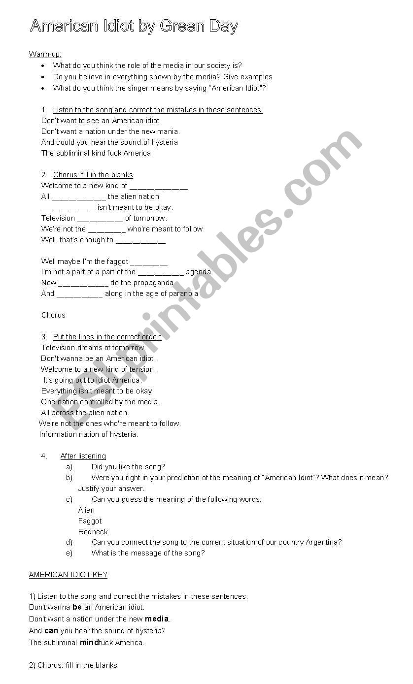 AMERICAN IDIOT SONG worksheet