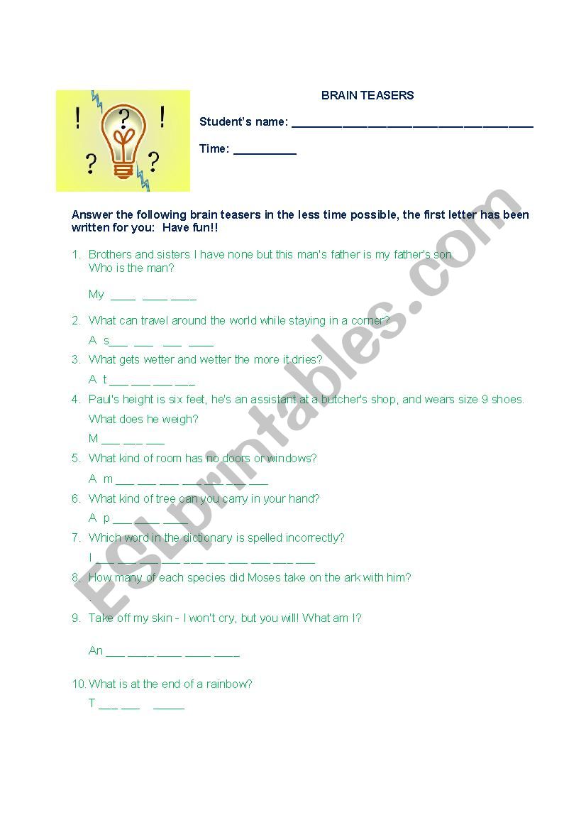 English Riddles And Brain Teasers 2 Esl Worksheet By