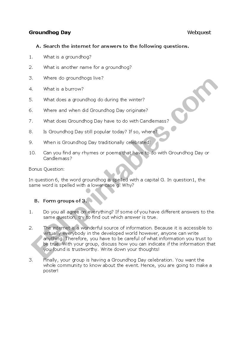 Groundhog Day webquest worksheet