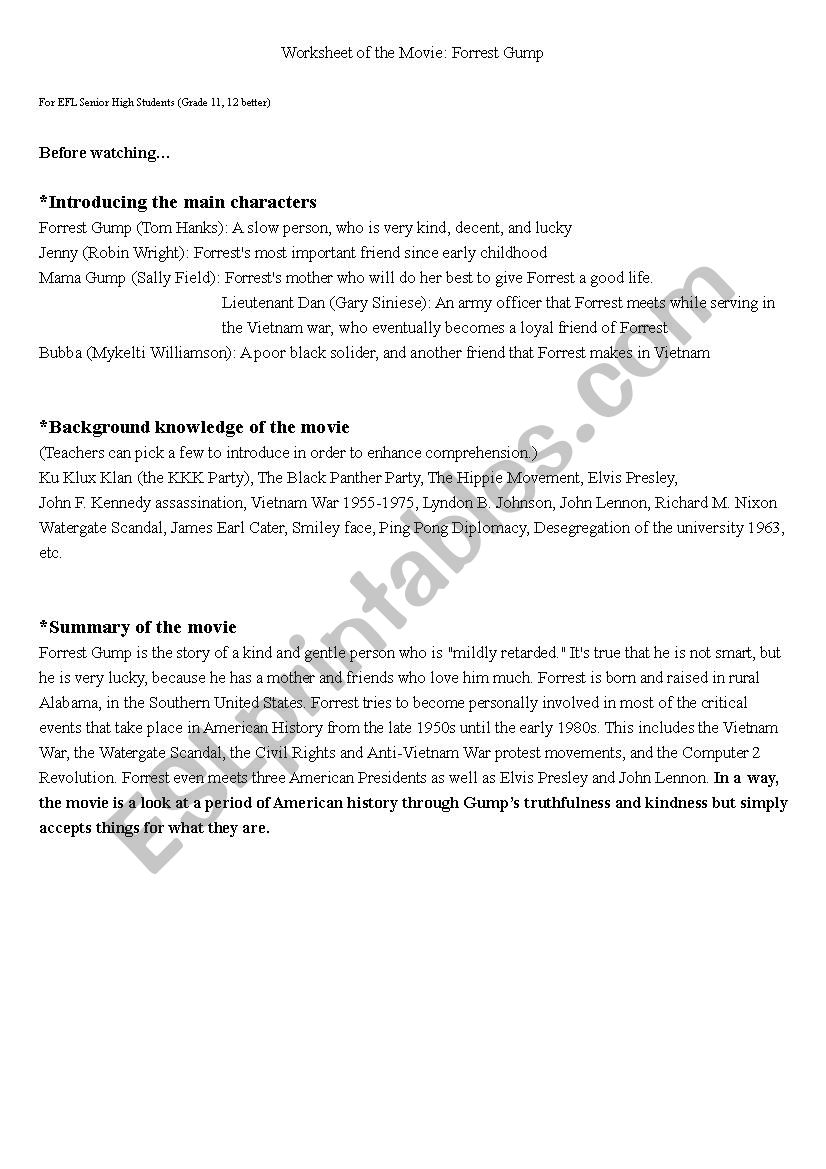 Worksheet of the Movie: Forest Gump for EFL high school students