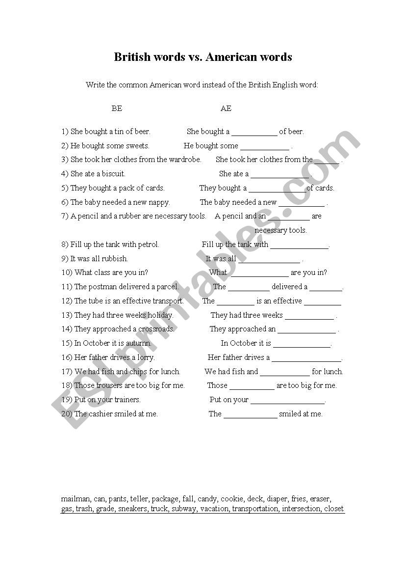 British vs. American English worksheet