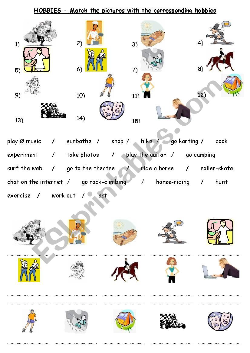 Hobbies - matching worksheet