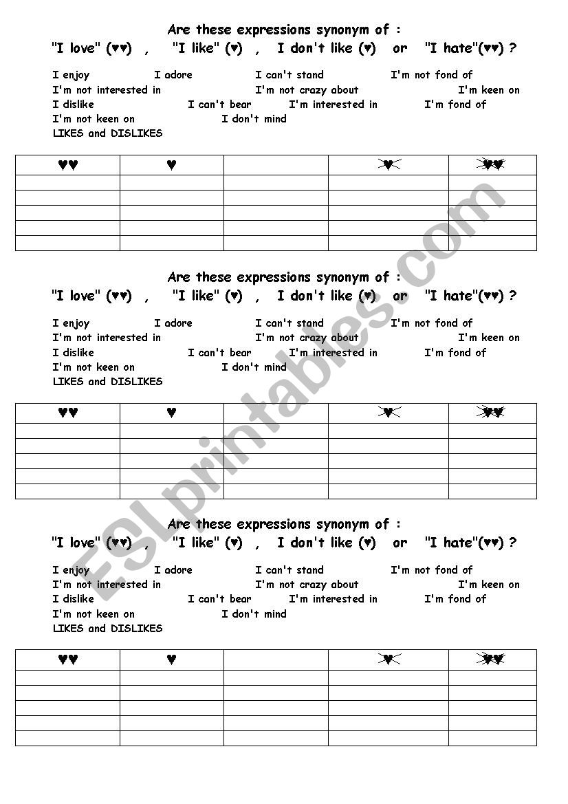 Likes and dislikes worksheet