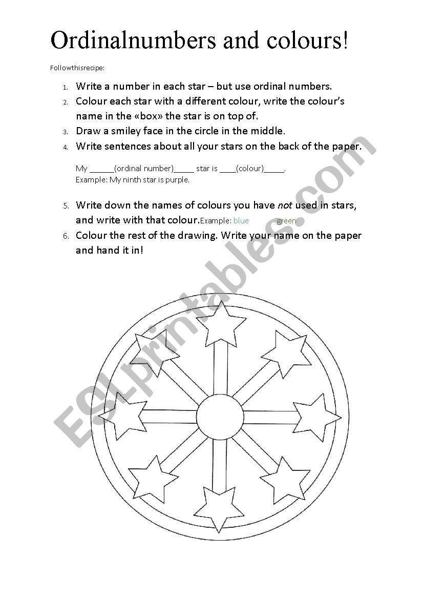 Ordinal numbers and colours worksheet