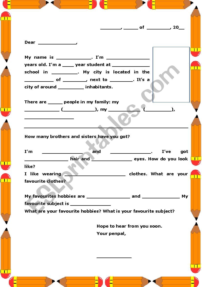 1st Penpal sample letter worksheet