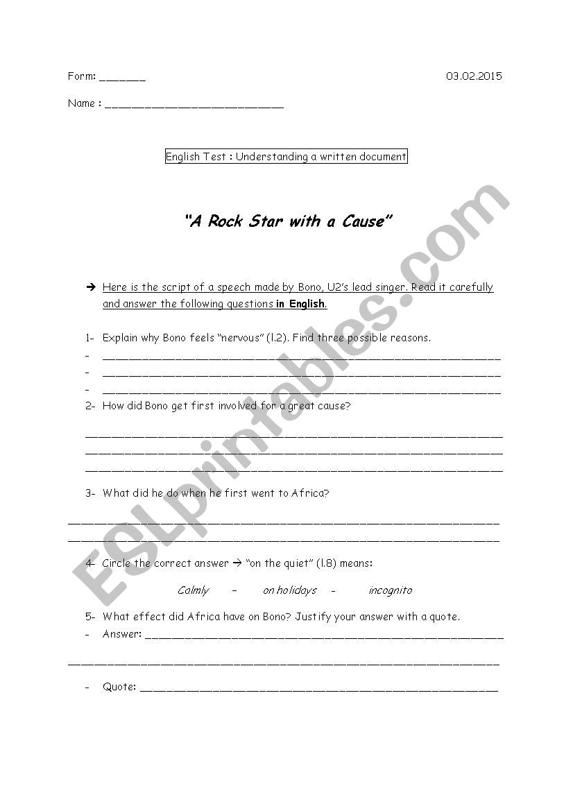 A rock star with a cause worksheet