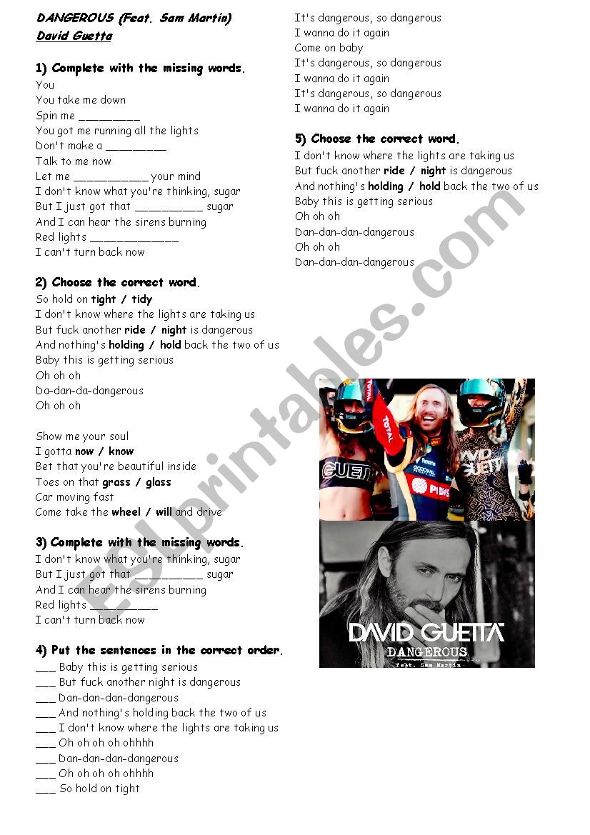 Dangerous David Guetta worksheet