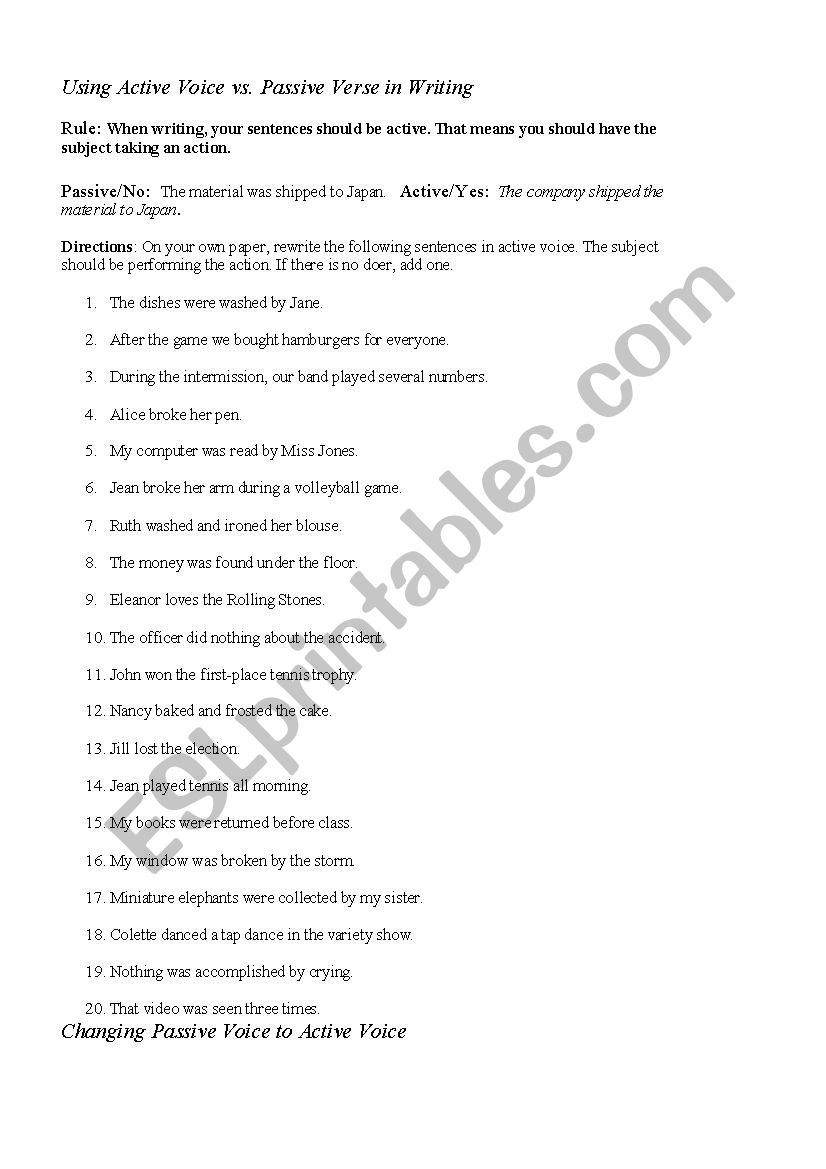 Active and passive worksheet