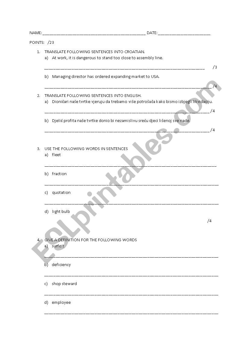 Business english test worksheet