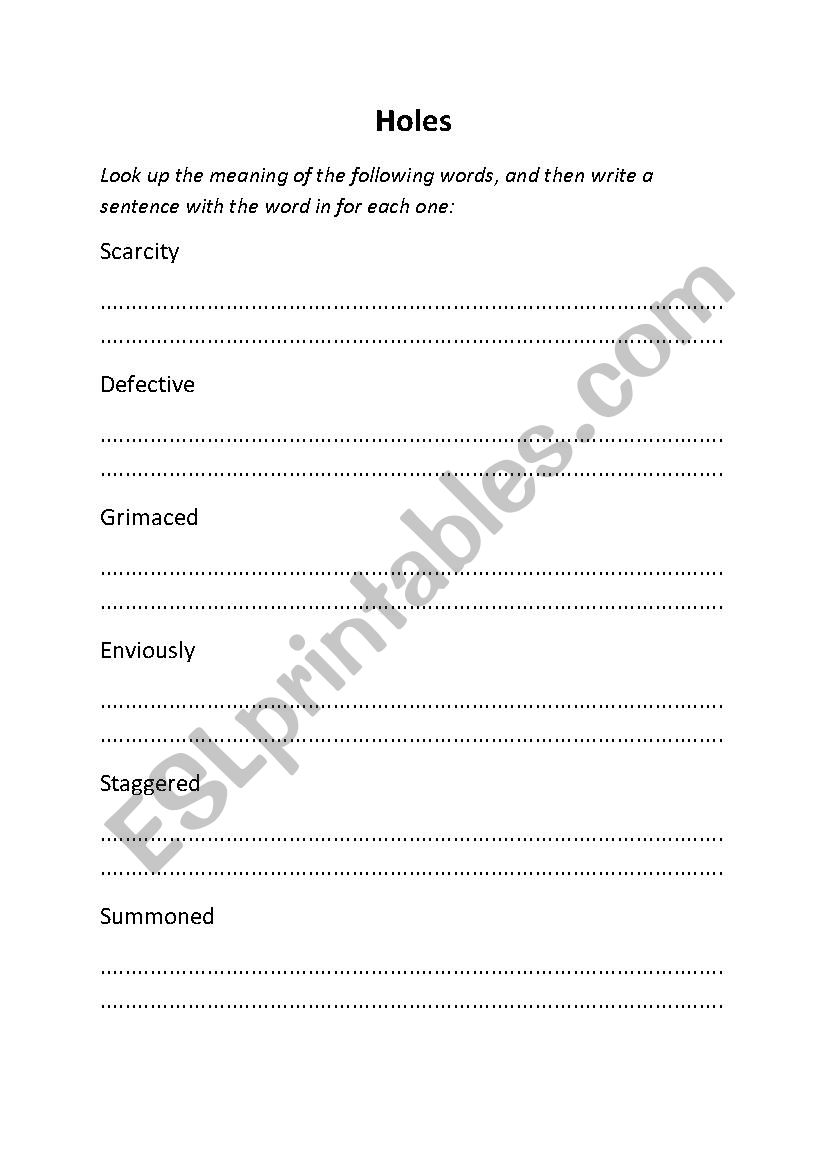 Holes Word Meanings worksheet