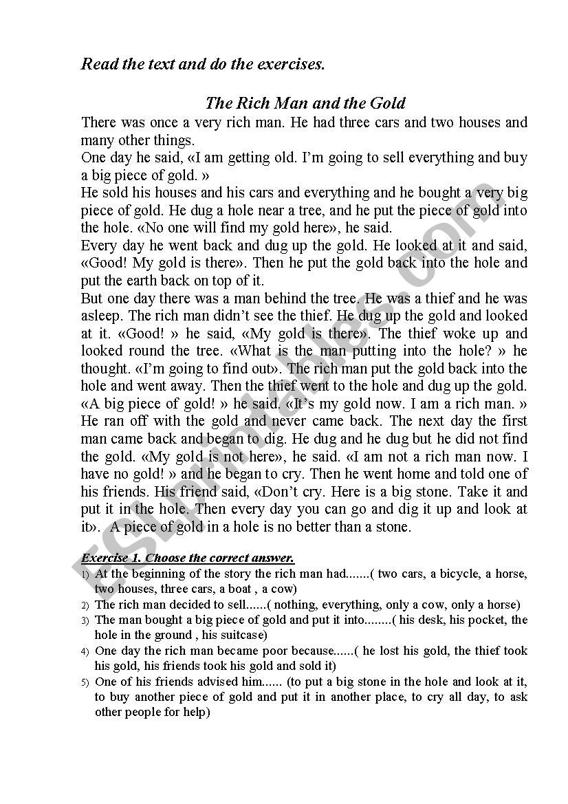 The Rich Man and the Gold worksheet