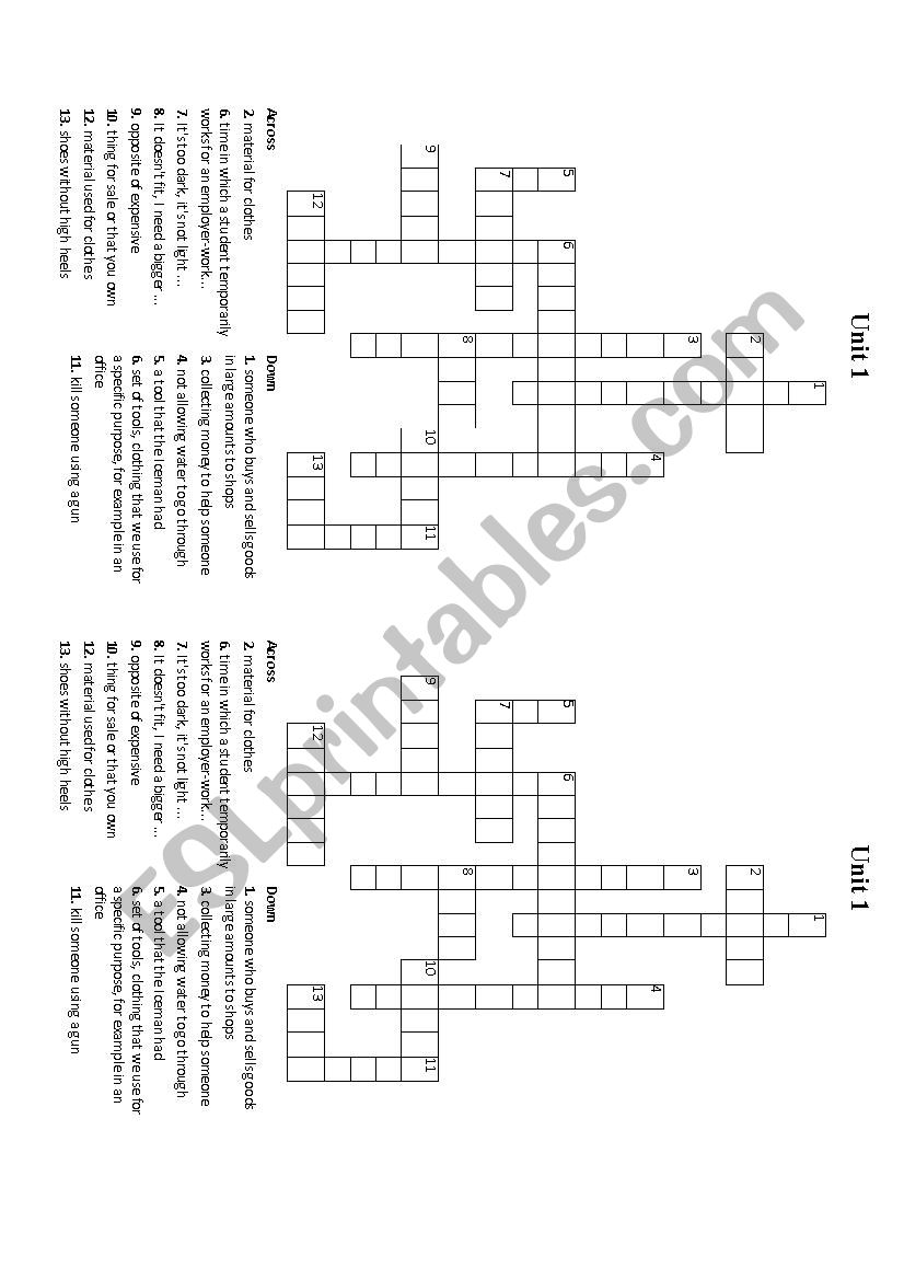 Vocabulary crossword worksheet